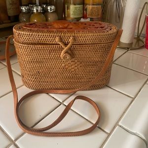 DEWI Vintage Hand Carved Wood Handbag With Leather Strap.